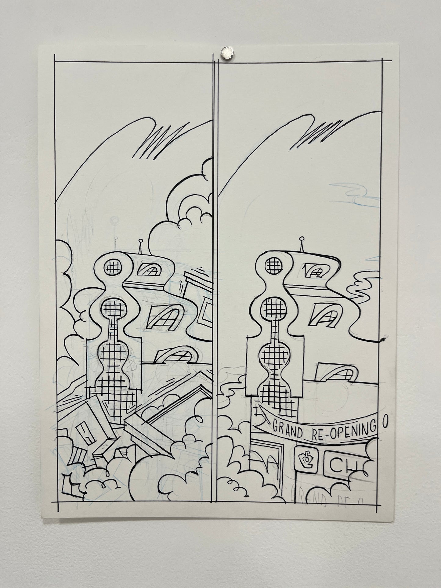 Max Huffman Dogtangle Originals Building Demolition Three Page Spread 9x12"