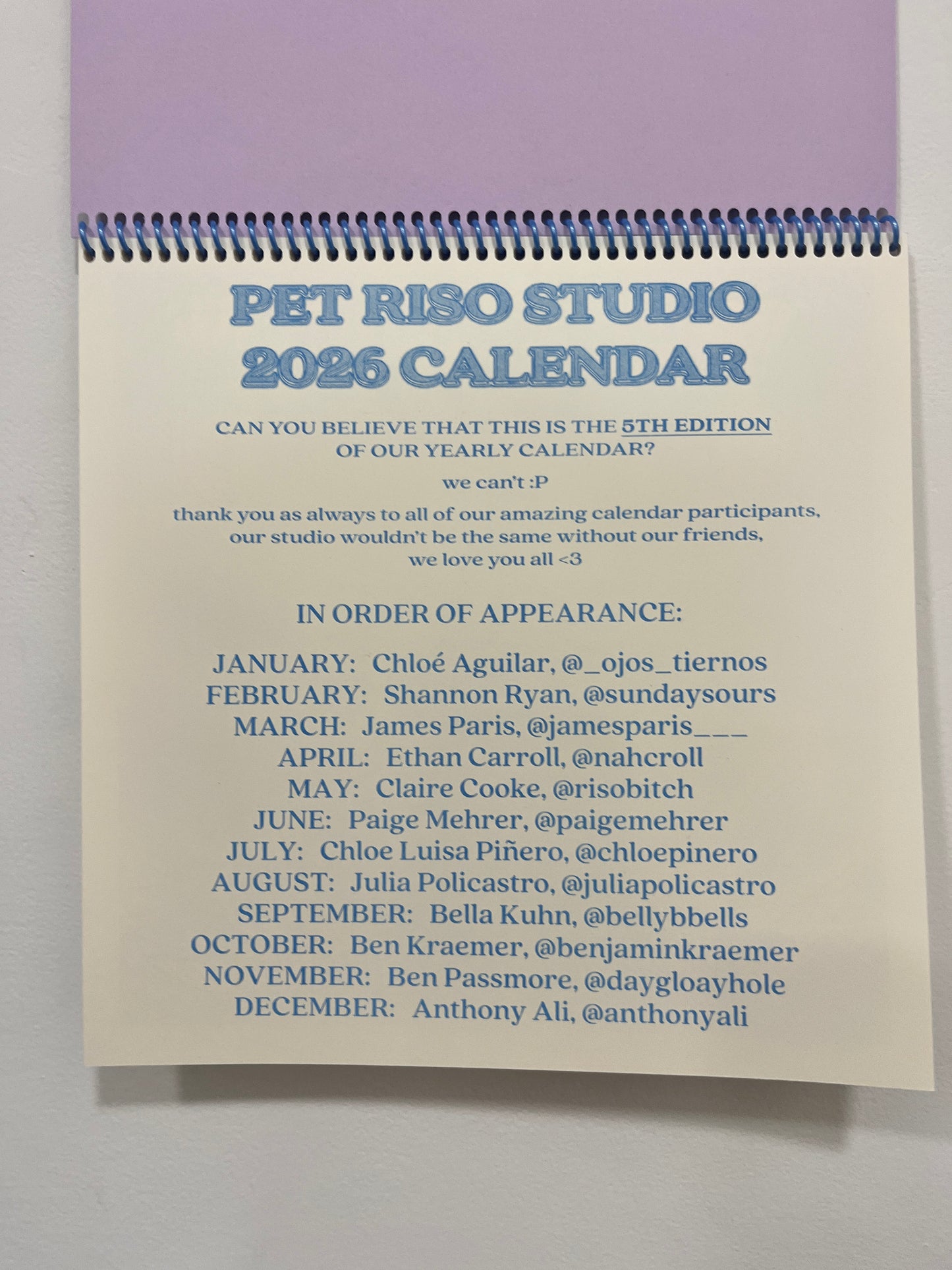 Pet Riso 2026 Calendar!